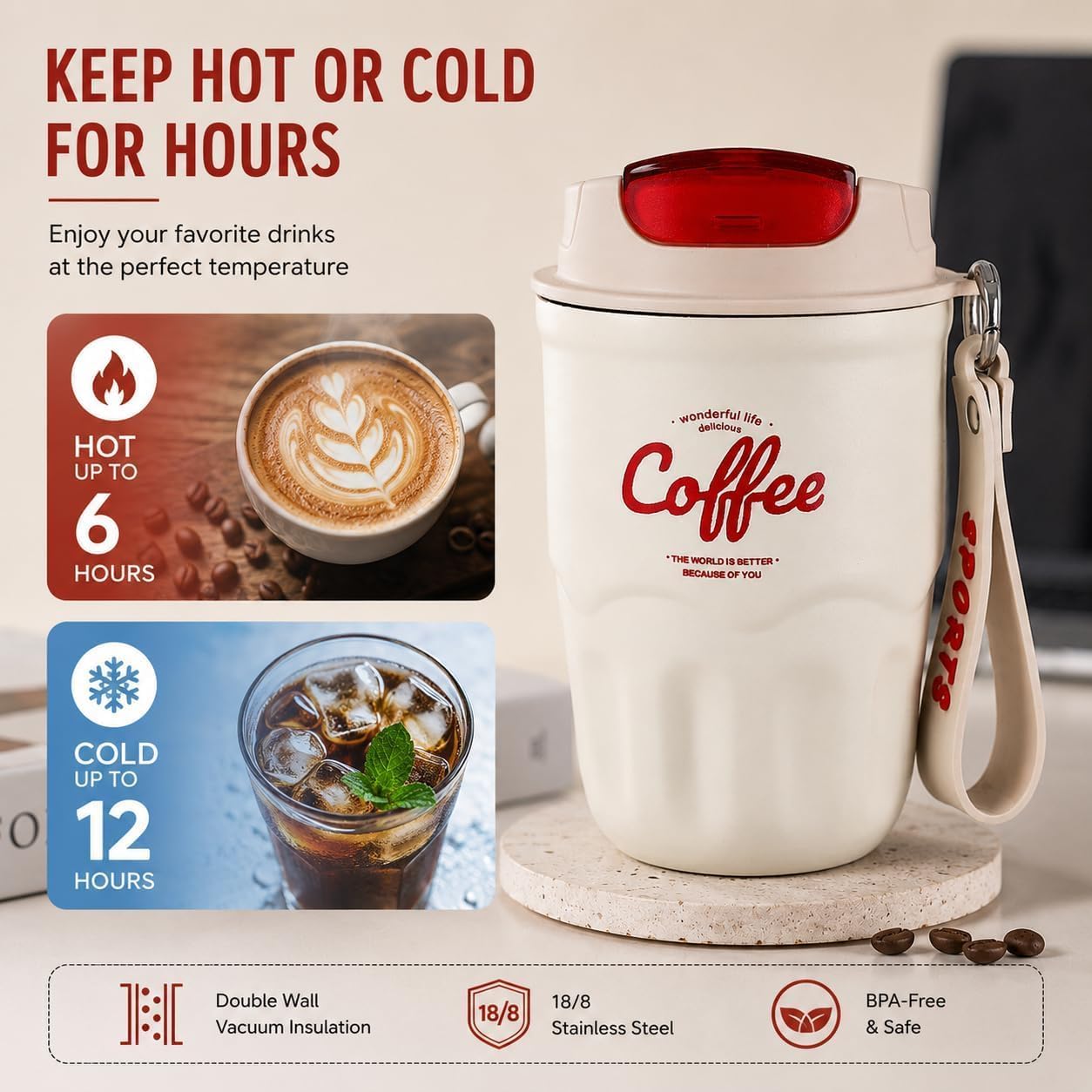 Coffee Vacuum Flask, 12oz Portable Coffee Cup with Lid & Handle, 316 Stainless Steel Insulated Water Drinkware, Hot Cold Travel Coffee Mugs for Home, Office, and Outdoor Use (Beige,Digital)