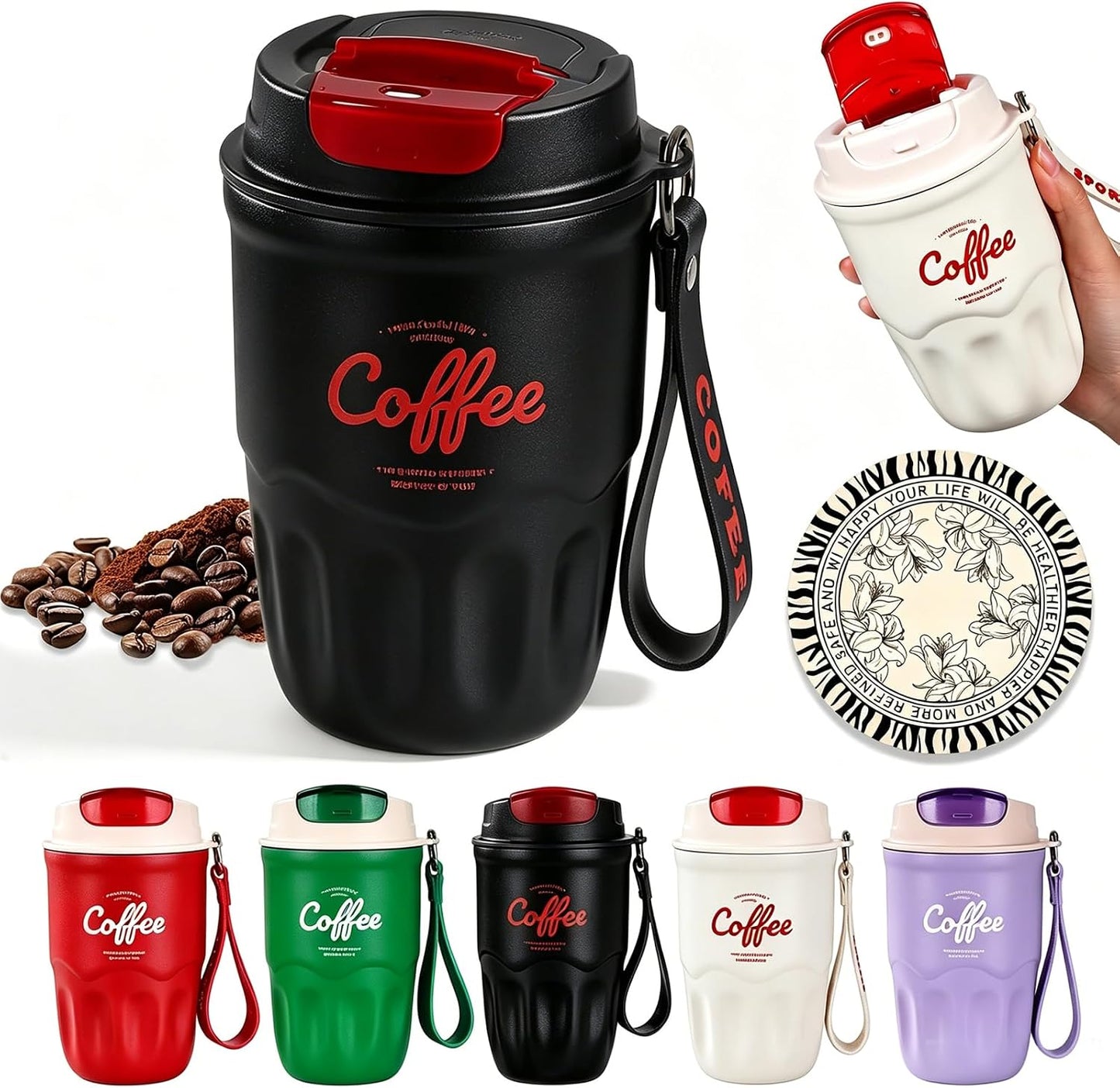 Coffee Vacuum Flask, 12oz Portable Coffee Cup with Lid & Handle, 316 Stainless Steel Insulated Water Drinkware, Hot Cold Travel Coffee Mugs for Home, Office, and Outdoor Use (Beige,Digital)