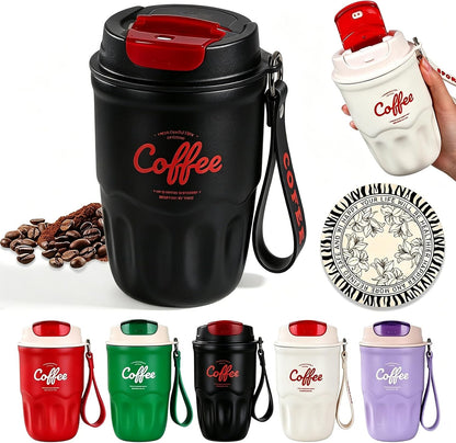 Coffee Vacuum Flask, 12oz Portable Coffee Cup with Lid & Handle, 316 Stainless Steel Insulated Water Drinkware, Hot Cold Travel Coffee Mugs for Home, Office, and Outdoor Use (Beige,Digital)