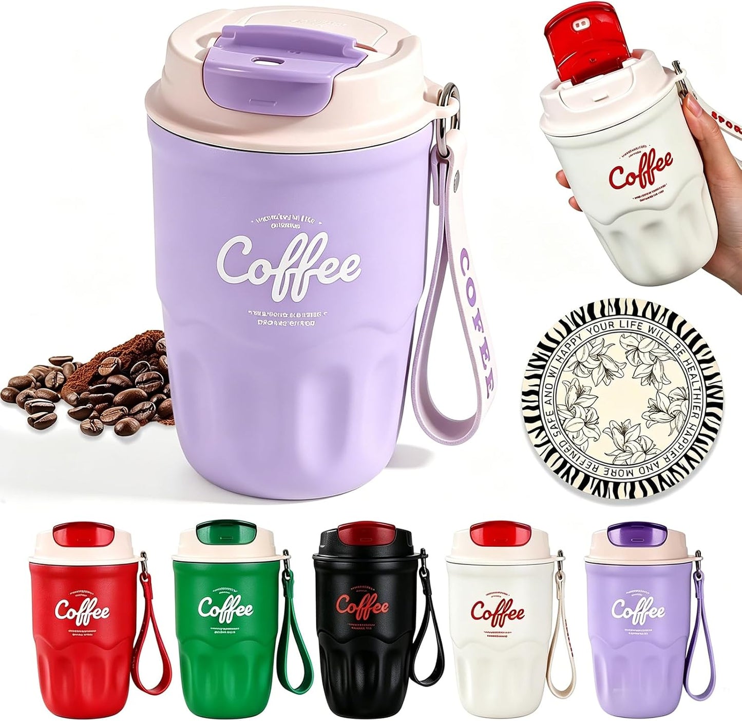 Coffee Vacuum Flask, 12oz Portable Coffee Cup with Lid & Handle, 316 Stainless Steel Insulated Water Drinkware, Hot Cold Travel Coffee Mugs for Home, Office, and Outdoor Use (Beige,Digital)