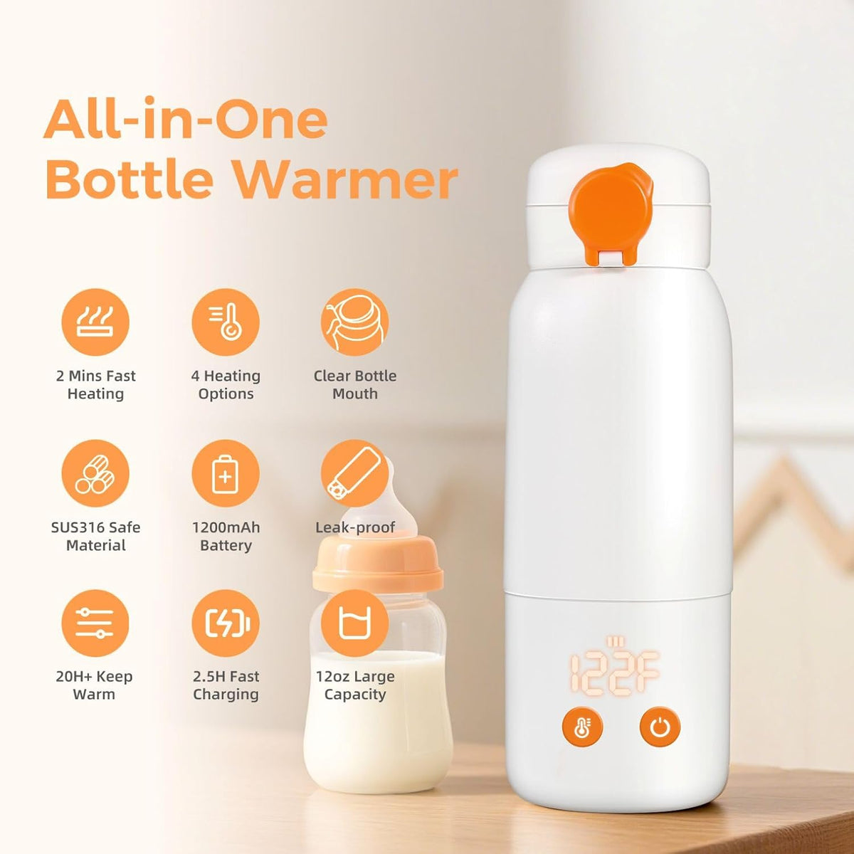 2 Mins Fast Heating, Portable Bottle Warmer for Travel, 12 Ounces On the Go
