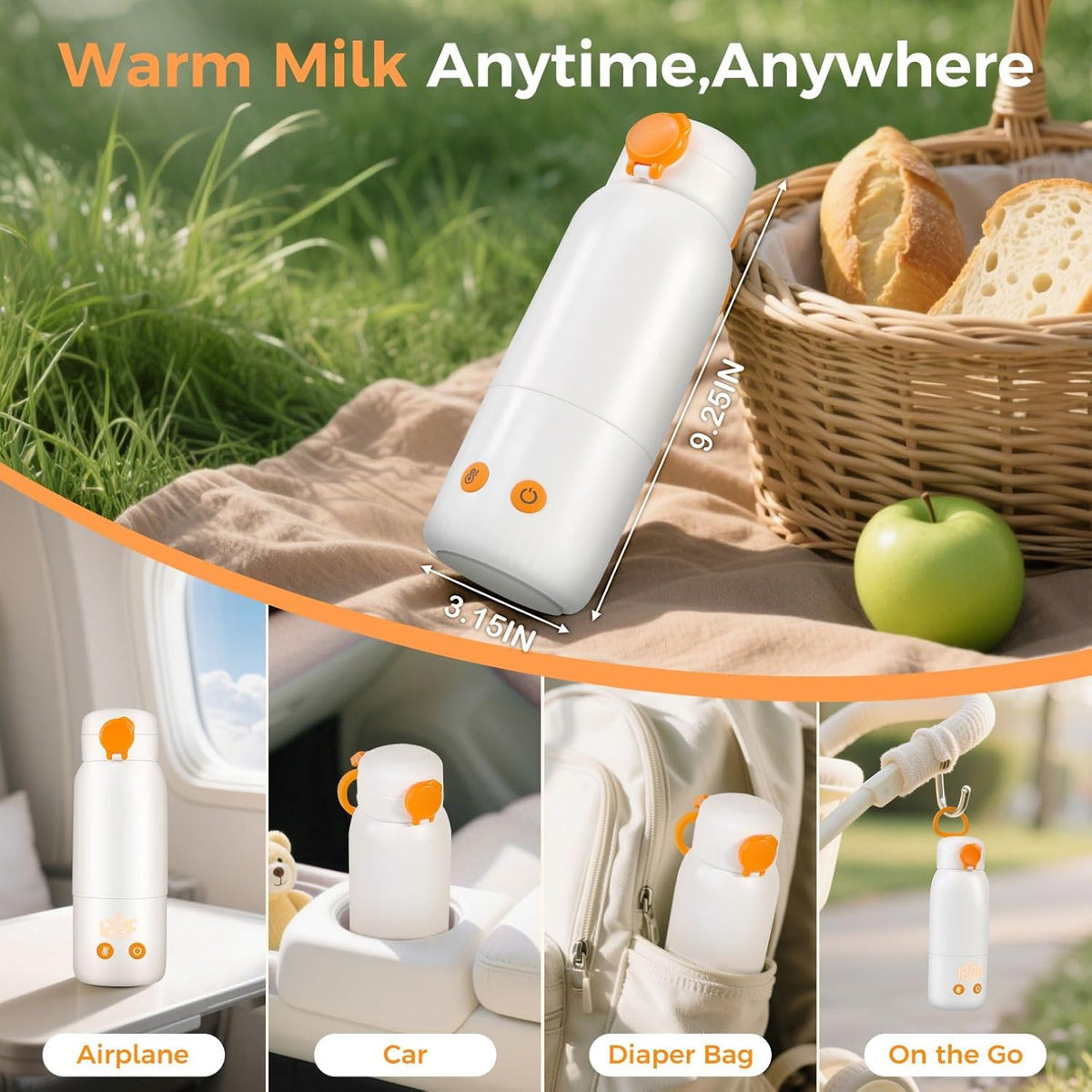 2 Mins Fast Heating, Portable Bottle Warmer for Travel, 12 Ounces On the Go