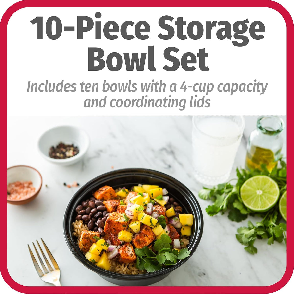 Meal Prep Containers Set Microwave & Dishwasher-Safe Round Food Organizers with Labeled Compartments BPA-Free Food Storage Set with Snap Shut Lids Portion Control, 10-Pieces, Red