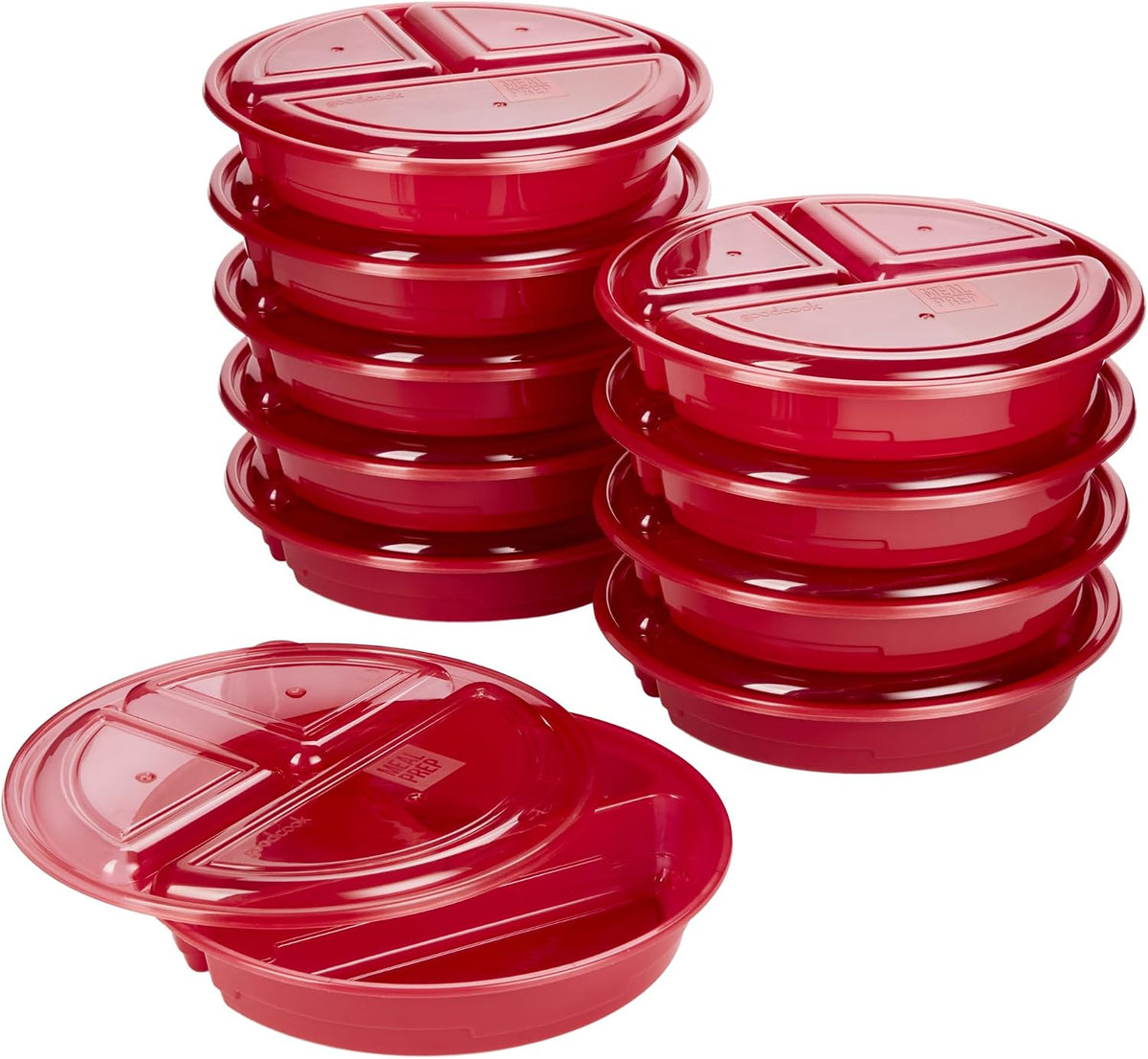 Meal Prep Containers Set Microwave & Dishwasher-Safe Round Food Organizers with Labeled Compartments BPA-Free Food Storage Set with Snap Shut Lids Portion Control, 10-Pieces, Red