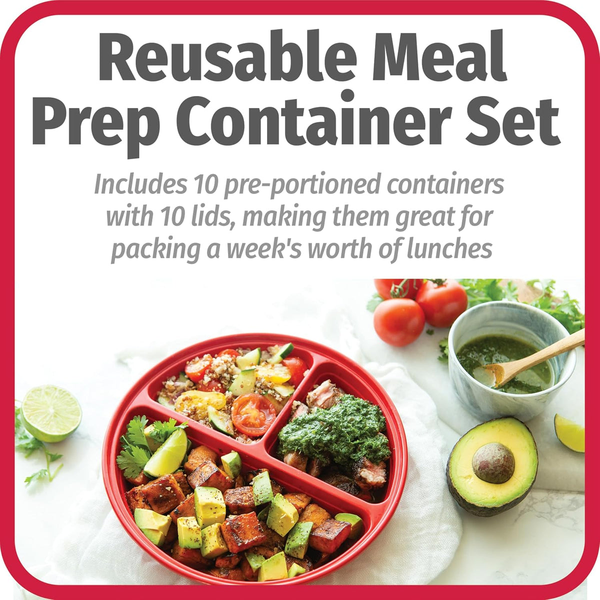 Meal Prep Containers Set Microwave & Dishwasher-Safe Round Food Organizers with Labeled Compartments BPA-Free Food Storage Set with Snap Shut Lids Portion Control, 10-Pieces, Red
