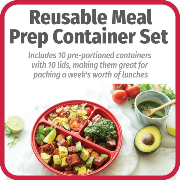 Meal Prep Containers Set Microwave & Dishwasher-Safe Round Food Organizers with Labeled Compartments BPA-Free Food Storage Set with Snap Shut Lids Portion Control, 10-Pieces, Red