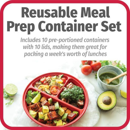 Meal Prep Containers Set Microwave & Dishwasher-Safe Round Food Organizers with Labeled Compartments BPA-Free Food Storage Set with Snap Shut Lids Portion Control, 10-Pieces, Red