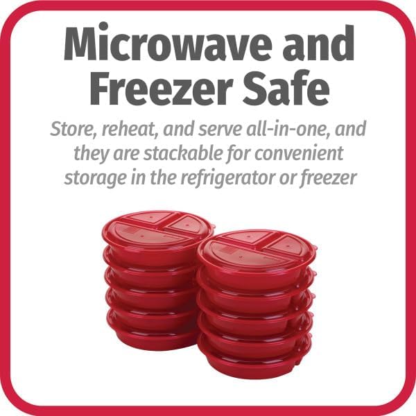 Meal Prep Containers Set Microwave & Dishwasher-Safe Round Food Organizers with Labeled Compartments BPA-Free Food Storage Set with Snap Shut Lids Portion Control, 10-Pieces, Red