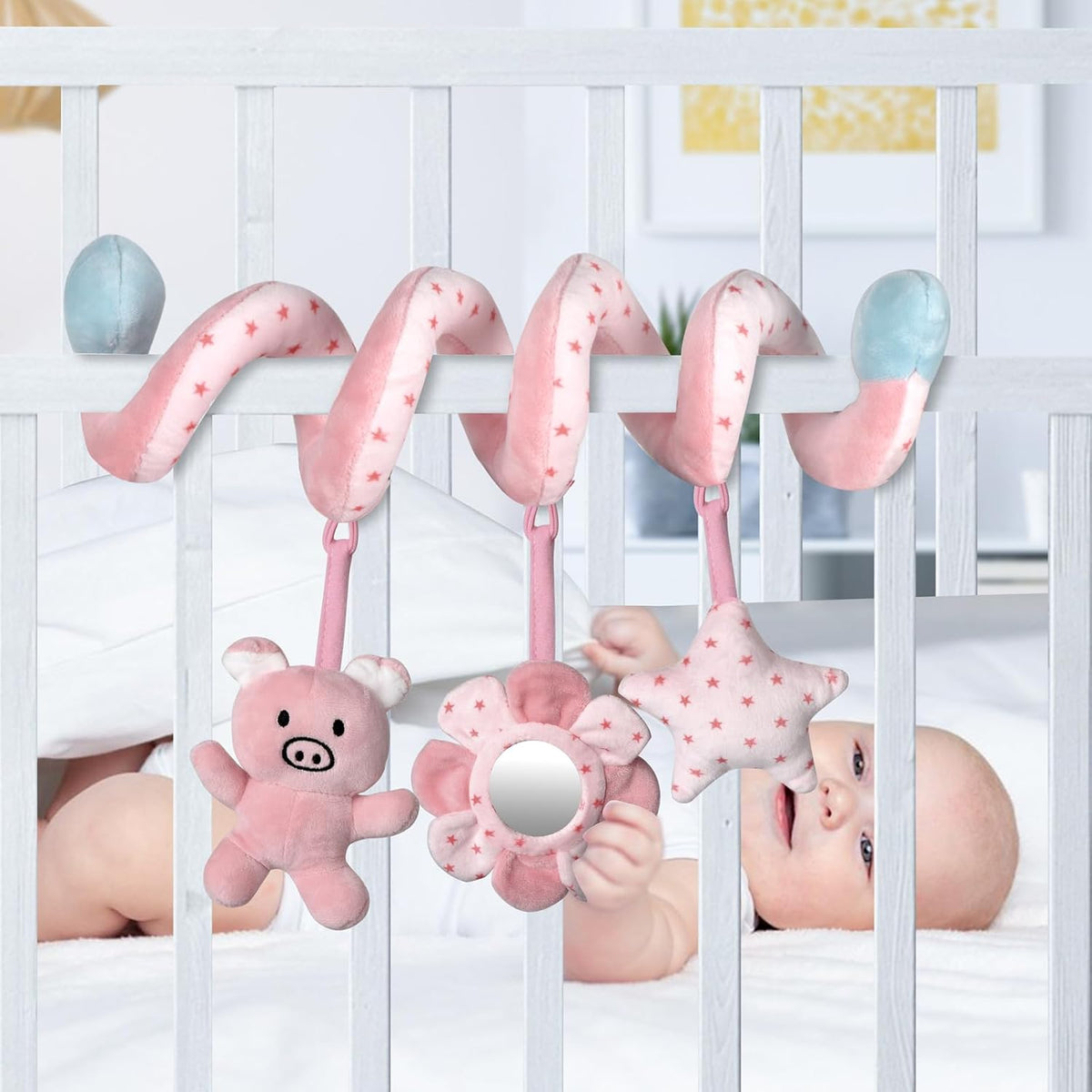 Car Seat Toys, Infant Baby Pink Pig Spiral Activity Hanging Toys Stroller Toys for Car Seat Stroller Bar Crib Bassinet Mobile with Mirror BB Squeaker and Rattles