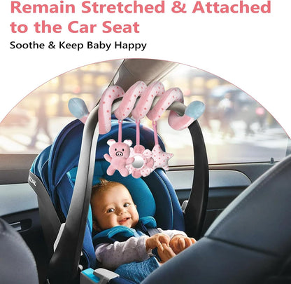 Car Seat Toys, Infant Baby Pink Pig Spiral Activity Hanging Toys Stroller Toys for Car Seat Stroller Bar Crib Bassinet Mobile with Mirror BB Squeaker and Rattles
