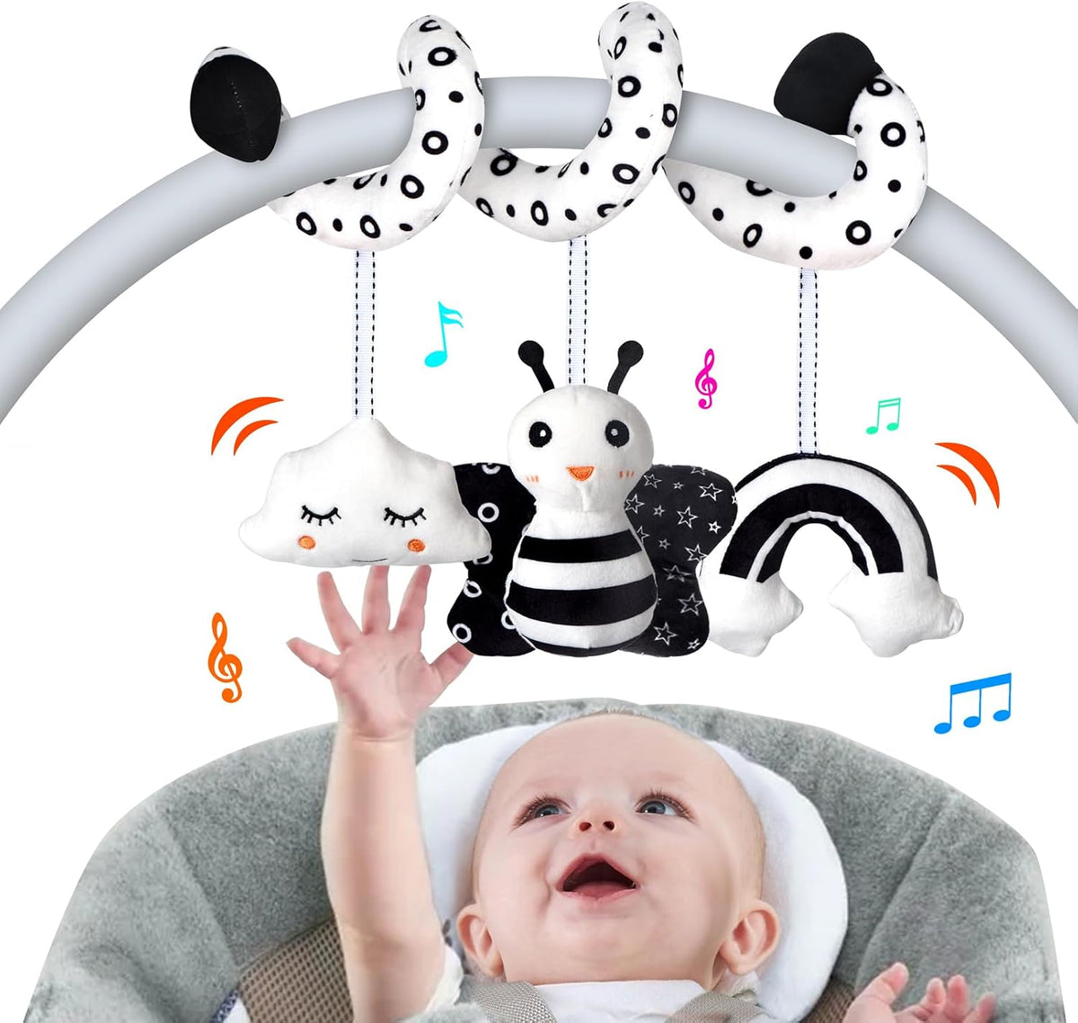 Car Seat Toys, Infant Baby Pink Pig Spiral Activity Hanging Toys Stroller Toys for Car Seat Stroller Bar Crib Bassinet Mobile with Mirror BB Squeaker and Rattles