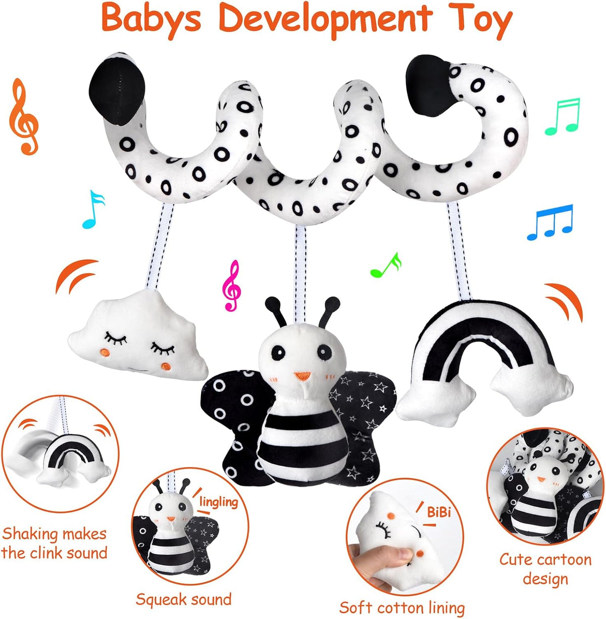 Car Seat Toys, Infant Baby Pink Pig Spiral Activity Hanging Toys Stroller Toys for Car Seat Stroller Bar Crib Bassinet Mobile with Mirror BB Squeaker and Rattles