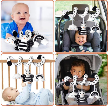 Car Seat Toys, Infant Baby Pink Pig Spiral Activity Hanging Toys Stroller Toys for Car Seat Stroller Bar Crib Bassinet Mobile with Mirror BB Squeaker and Rattles
