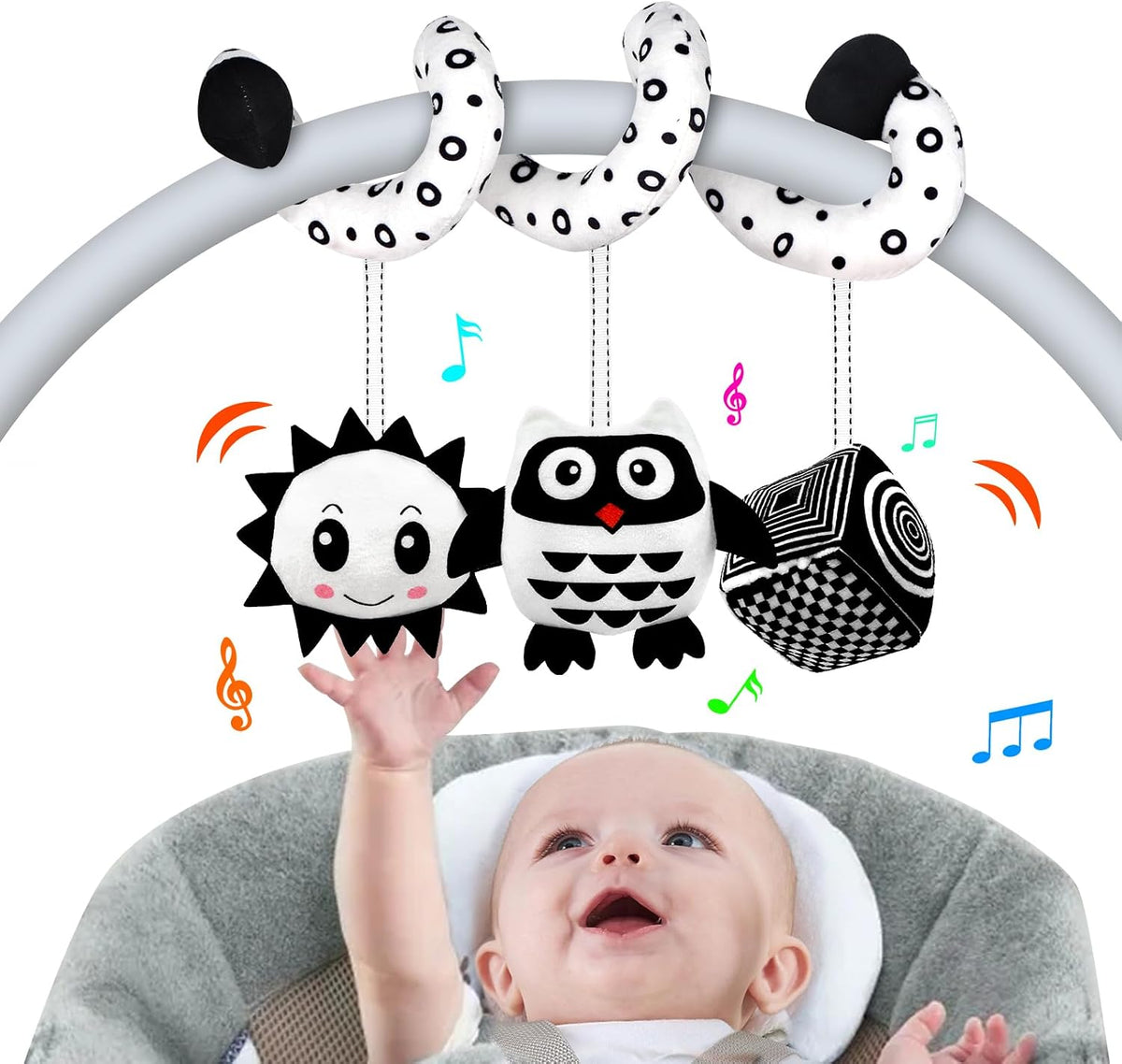 Car Seat Toys, Infant Baby Pink Pig Spiral Activity Hanging Toys Stroller Toys for Car Seat Stroller Bar Crib Bassinet Mobile with Mirror BB Squeaker and Rattles