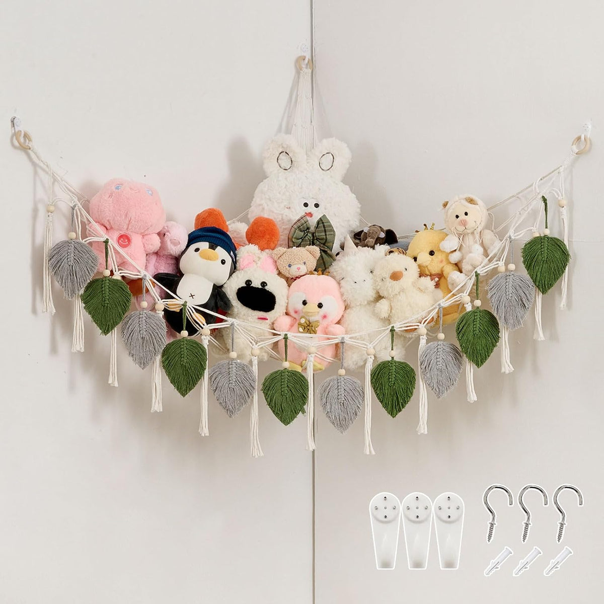 Stuffed Animal Hammock with Tassels and Leaves Green