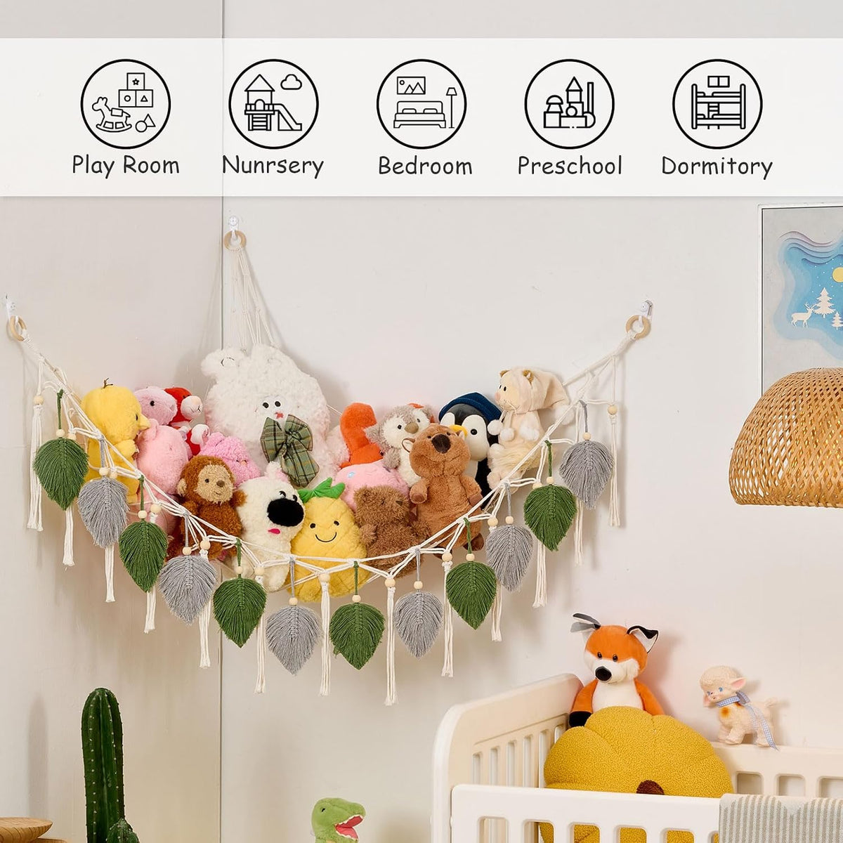 Stuffed Animal Hammock with Tassels and Leaves Green