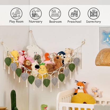 Stuffed Animal Hammock with Tassels and Leaves Green