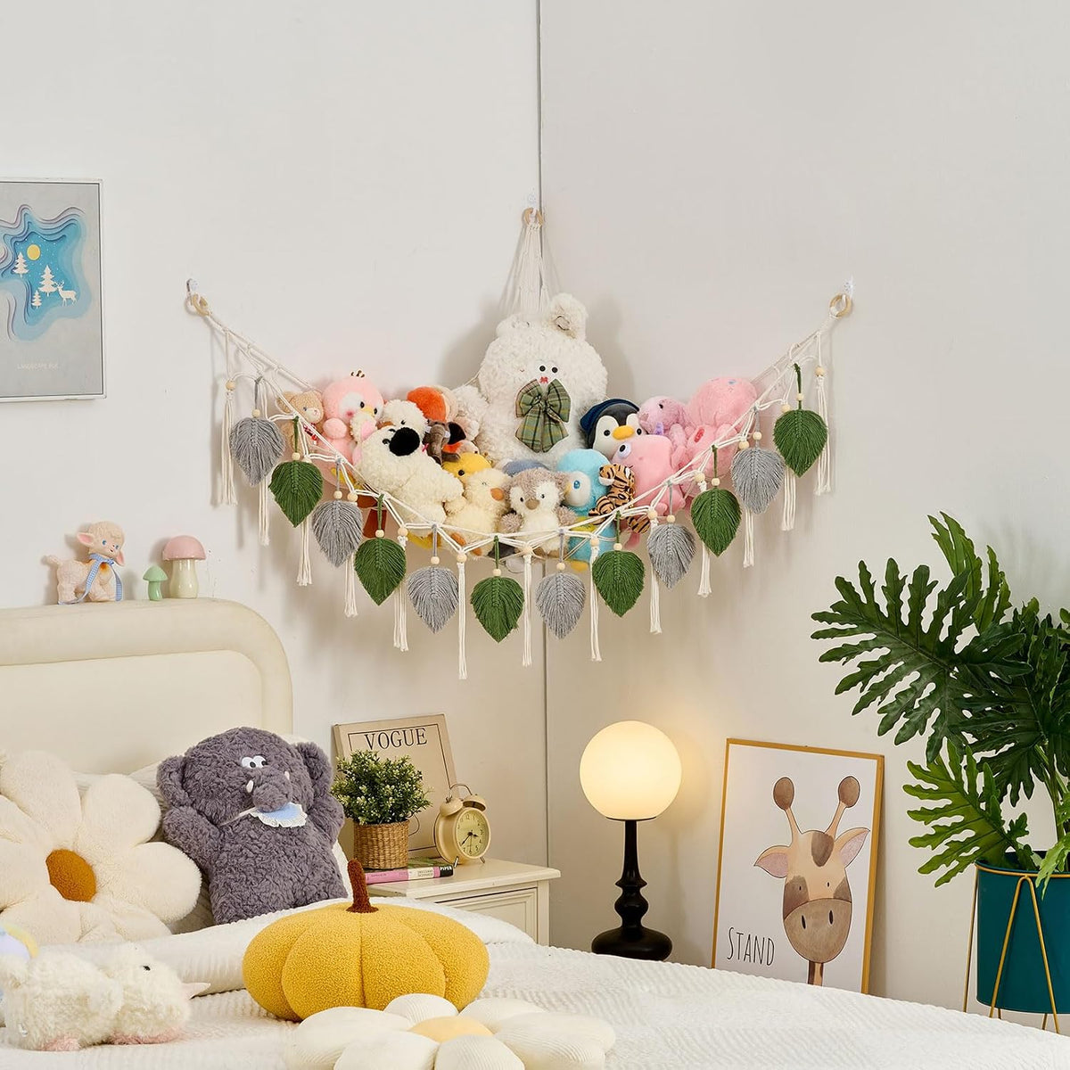 Stuffed Animal Hammock with Tassels and Leaves Green