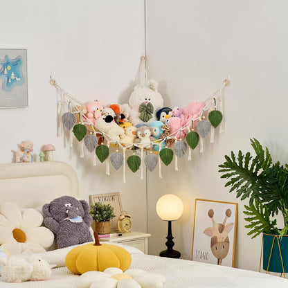 Stuffed Animal Hammock with Tassels and Leaves Green