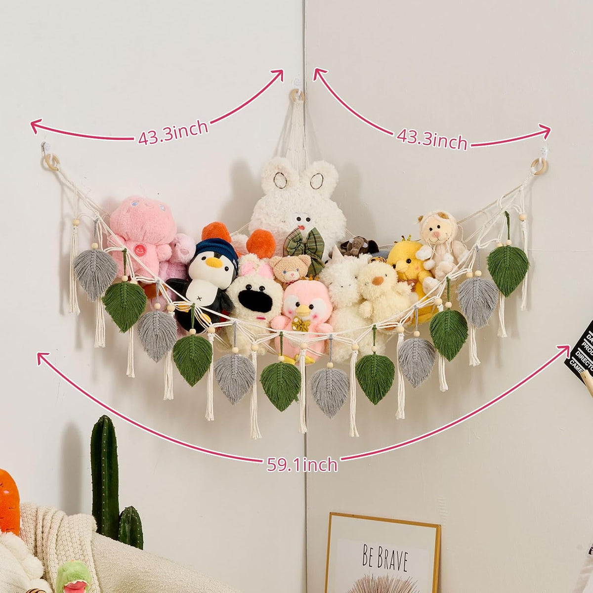 Stuffed Animal Hammock with Tassels and Leaves Green