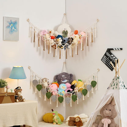 Stuffed Animal Hammock with Tassels and Leaves Green