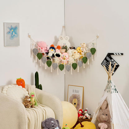 Stuffed Animal Hammock with Tassels and Leaves Green