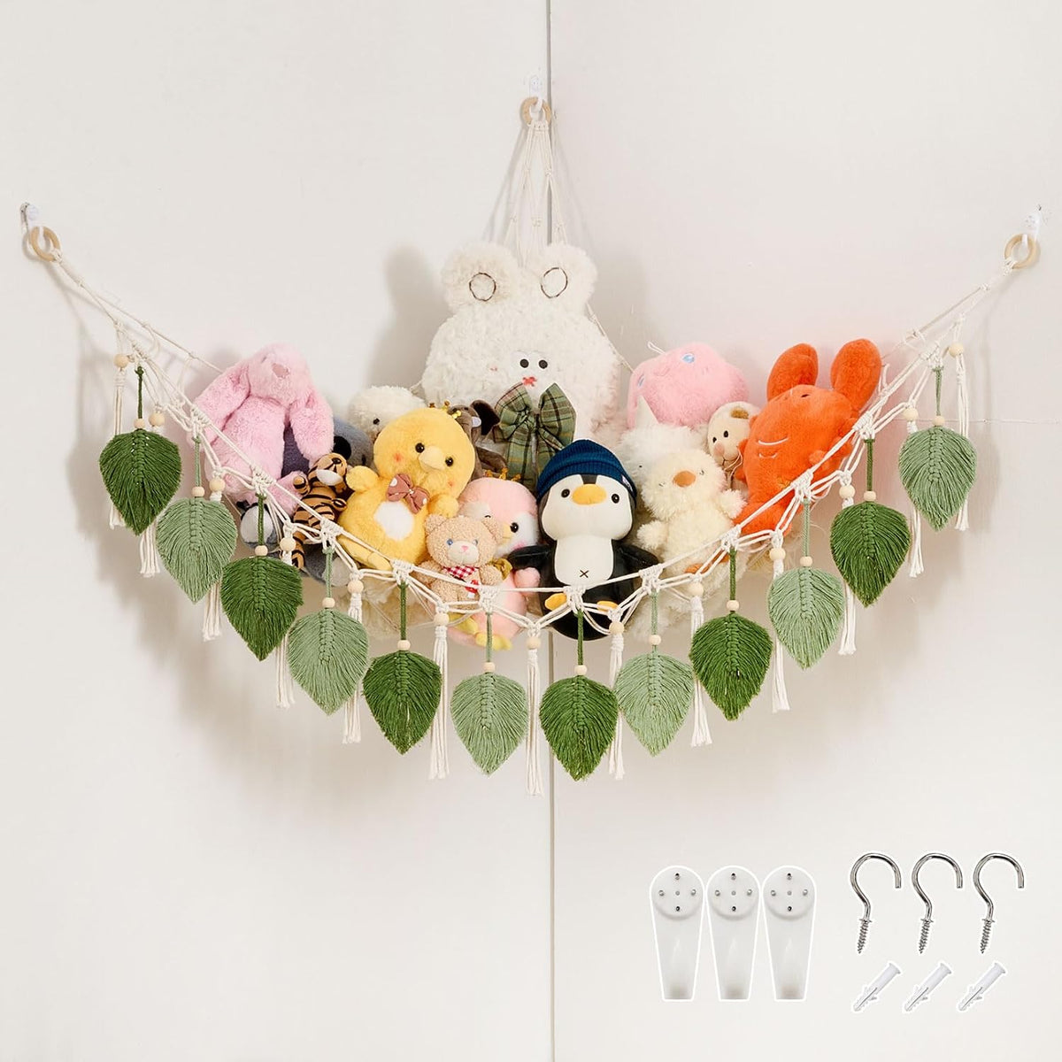 Stuffed Animal Hammock with Tassels and Leaves Green