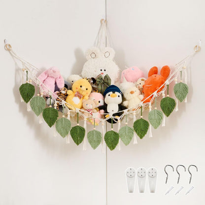 Stuffed Animal Hammock with Tassels and Leaves Green