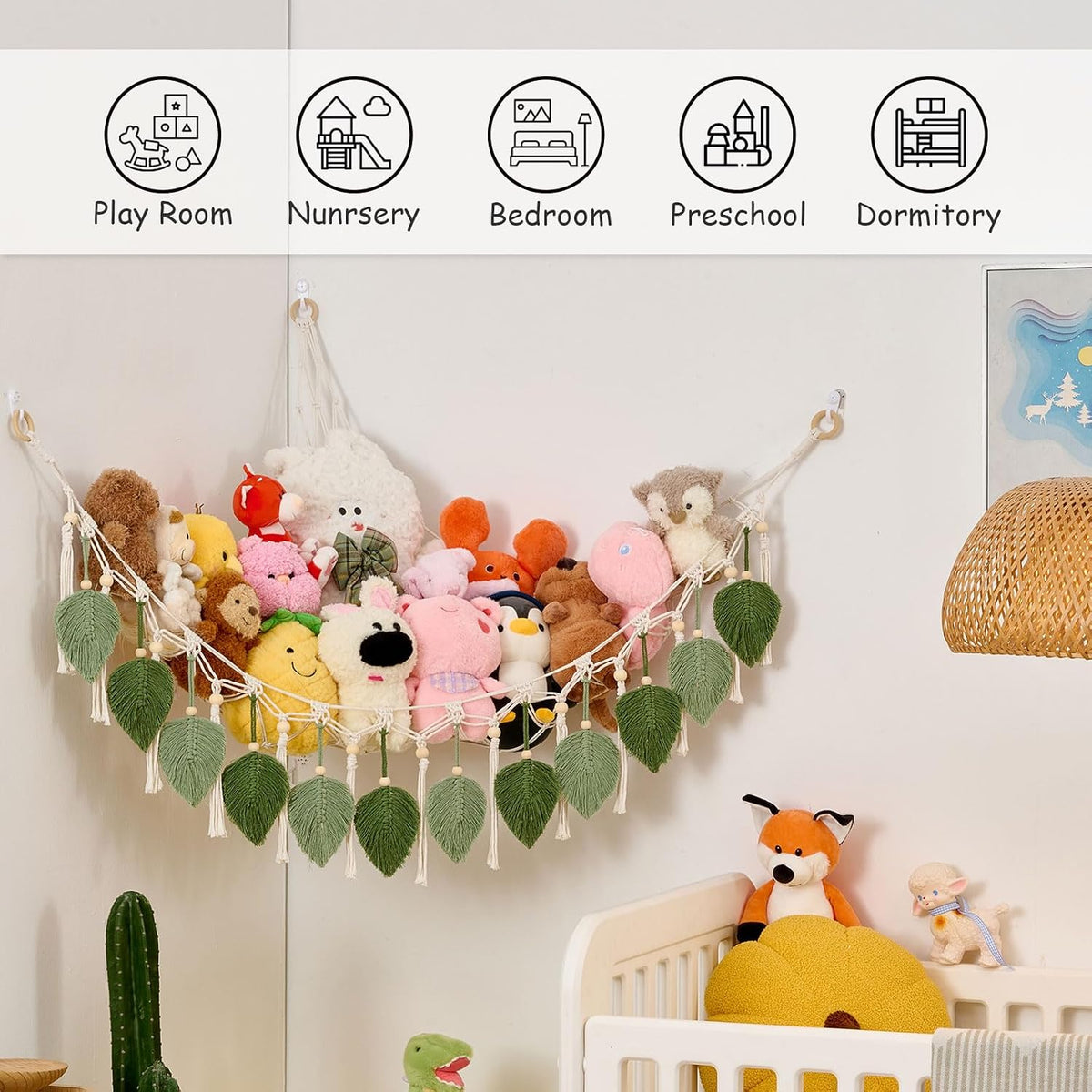 Stuffed Animal Hammock with Tassels and Leaves Green