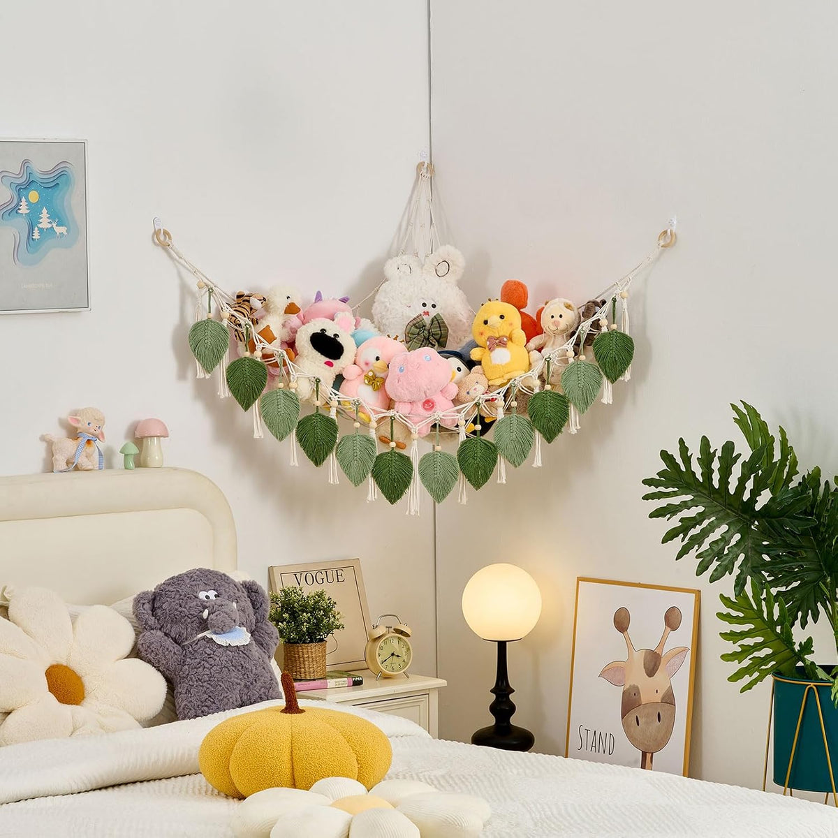 Stuffed Animal Hammock with Tassels and Leaves Green