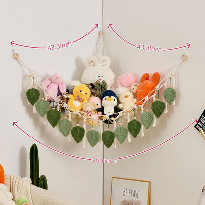 Stuffed Animal Hammock with Tassels and Leaves Green