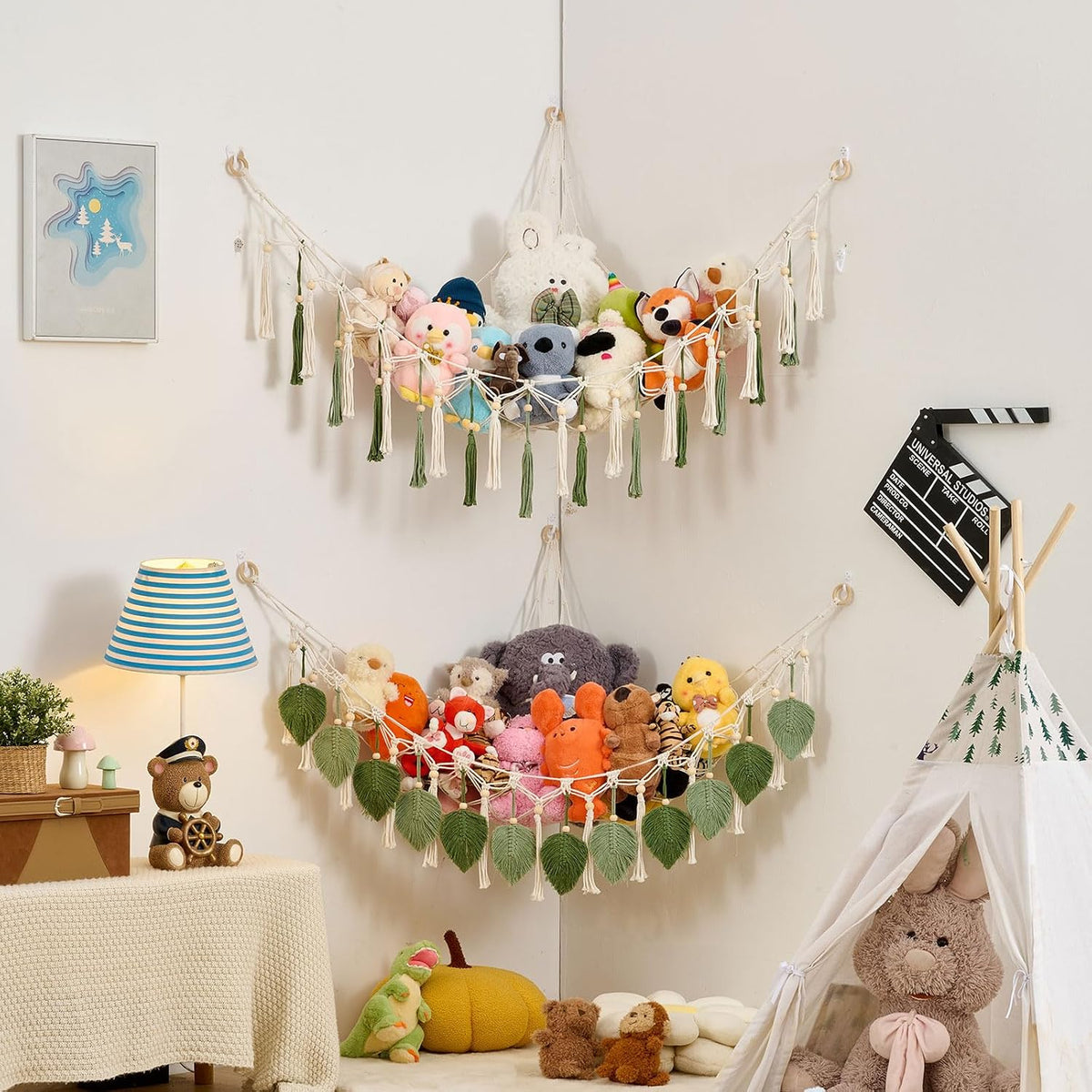 Stuffed Animal Hammock with Tassels and Leaves Green