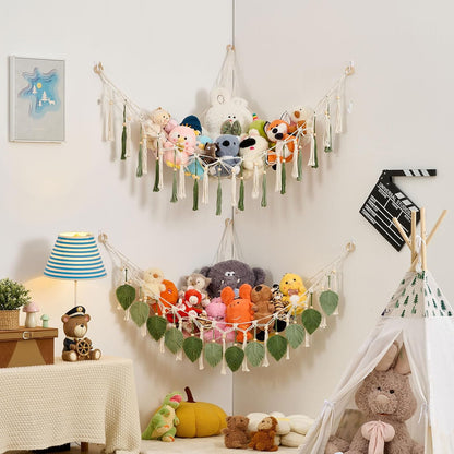 Stuffed Animal Hammock with Tassels and Leaves Green