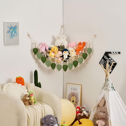 Stuffed Animal Hammock with Tassels and Leaves Green