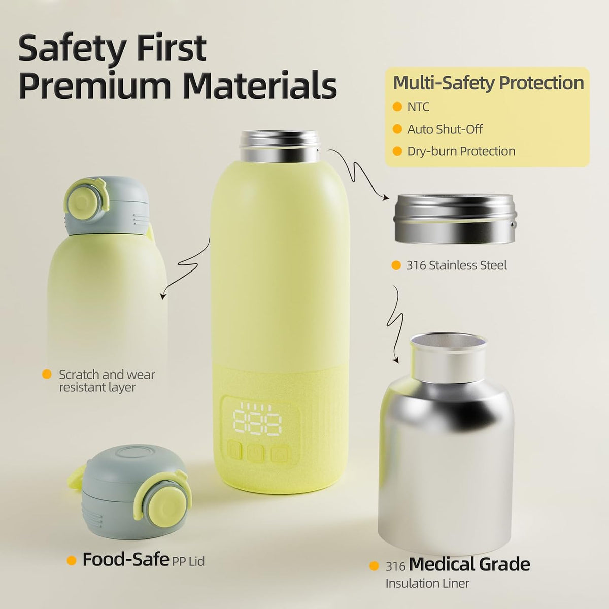 Portable Bottle Warmer for Travel, w/Reliable Warming, Extended Battery Life, Fast Heating of Breast Milk & Formula, 15 oz Large Capacity, Baby Bottle Warmer On The Go for Car & Airplane