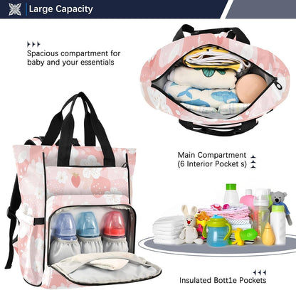 Diaper Bag Backpack, Multifunction Travel Bag for Moms Dads, Baby Changing Bag with Insulted Pockets, Stroller Straps and Side Bottle Pockets Pink Cute Pattern