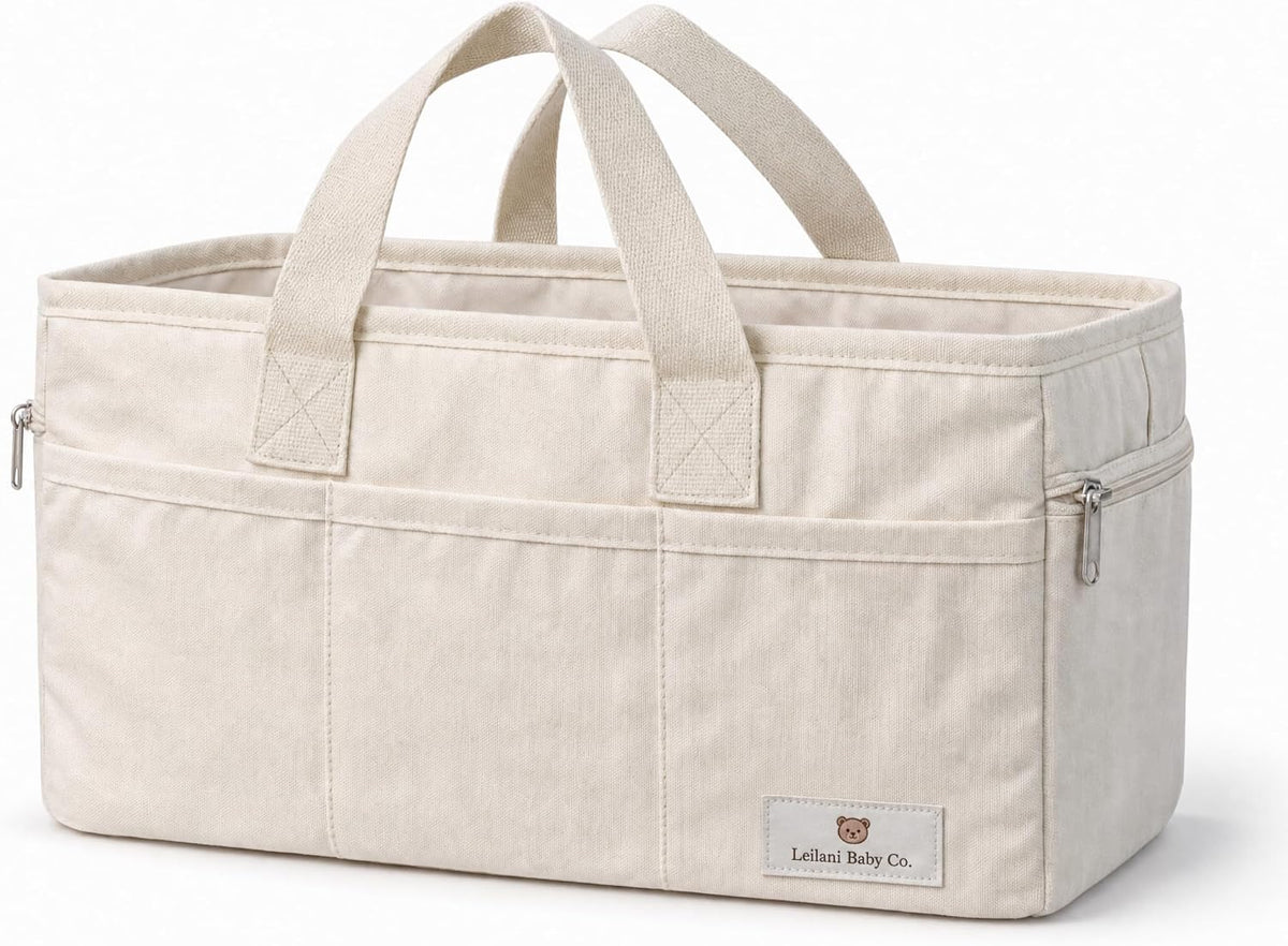 Leilani Baby Diaper Caddy Organizer, Large Portable Nursery Storage Bin with Removable Dividers, Beige