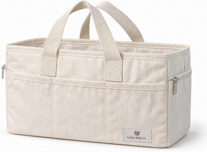 Leilani Baby Diaper Caddy Organizer, Large Portable Nursery Storage Bin with Removable Dividers, Beige