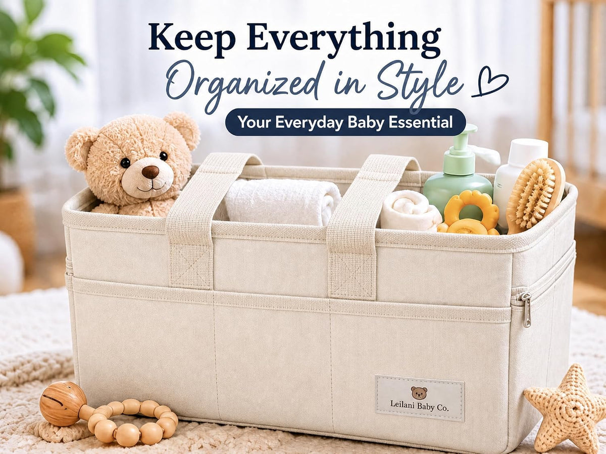 Leilani Baby Diaper Caddy Organizer, Large Portable Nursery Storage Bin with Removable Dividers, Beige