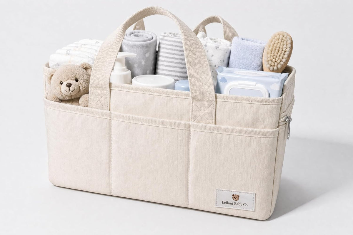 Leilani Baby Diaper Caddy Organizer, Large Portable Nursery Storage Bin with Removable Dividers, Beige