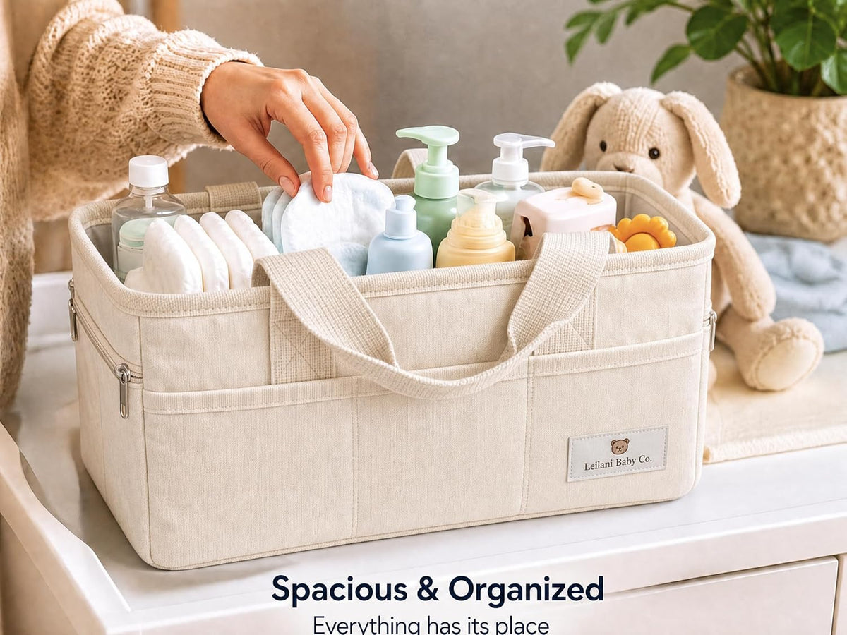 Leilani Baby Diaper Caddy Organizer, Large Portable Nursery Storage Bin with Removable Dividers, Beige