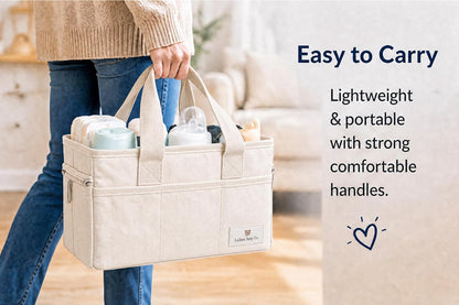 Leilani Baby Diaper Caddy Organizer, Large Portable Nursery Storage Bin with Removable Dividers, Beige