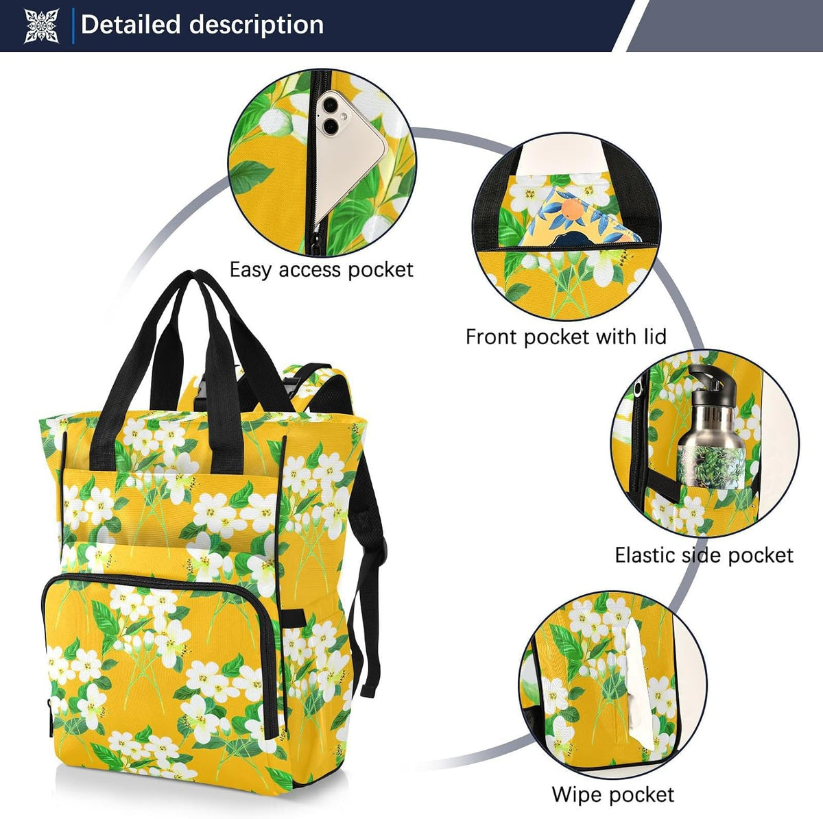Diaper Bag Backpack, Multifunction Travel Bag for Moms Dads, Baby Changing Bag with Insulted Pockets, Stroller Straps and Side Bottle Pockets Sunlit Meadow Pattern