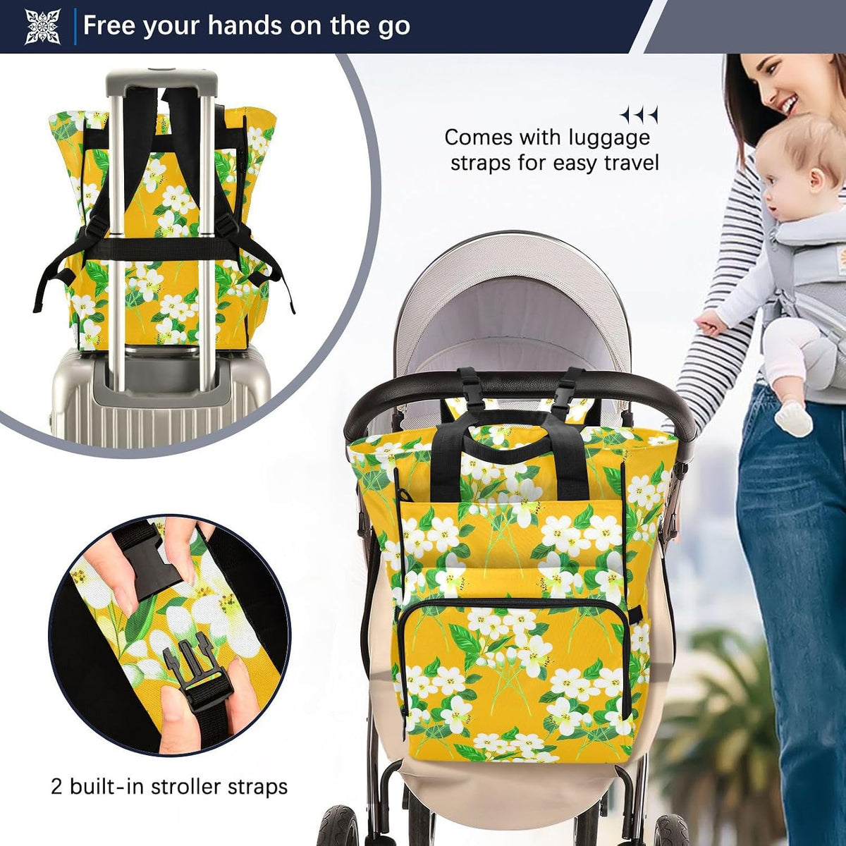 Diaper Bag Backpack, Multifunction Travel Bag for Moms Dads, Baby Changing Bag with Insulted Pockets, Stroller Straps and Side Bottle Pockets Sunlit Meadow Pattern