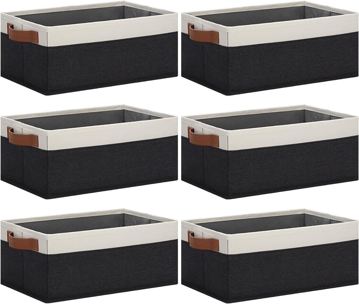 Small Fabric Storage Bins with Handles 6 Pack, 11.8" x 7.87" x 5.11" Storage Baskets for Shelves, Baskets for Organizing Clothes Underwear Socks Hats DVDs (Grey/White)