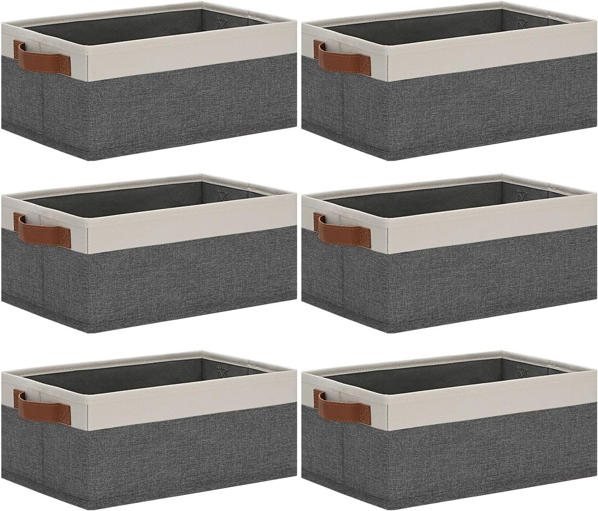 Small Fabric Storage Bins with Handles 6 Pack, 11.8" x 7.87" x 5.11" Storage Baskets for Shelves, Baskets for Organizing Clothes Underwear Socks Hats DVDs (Grey/White)