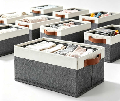 Small Fabric Storage Bins with Handles 6 Pack, 11.8" x 7.87" x 5.11" Storage Baskets for Shelves, Baskets for Organizing Clothes Underwear Socks Hats DVDs (Grey/White)