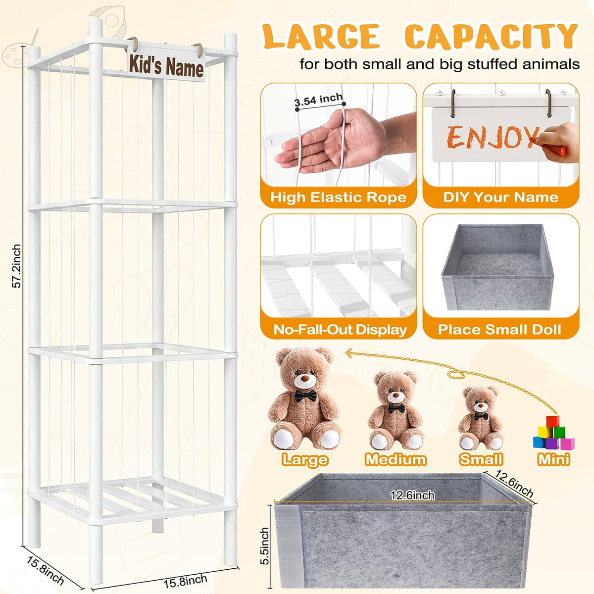 Stuffed Animal Storage with Toys Tray, 57In Large Wooden Stuffy Plushies Storage Holder Extra Large Capacity Stuffed Animals Zoo Organizer for Toddler Rooms, Playrooms & Bedrooms