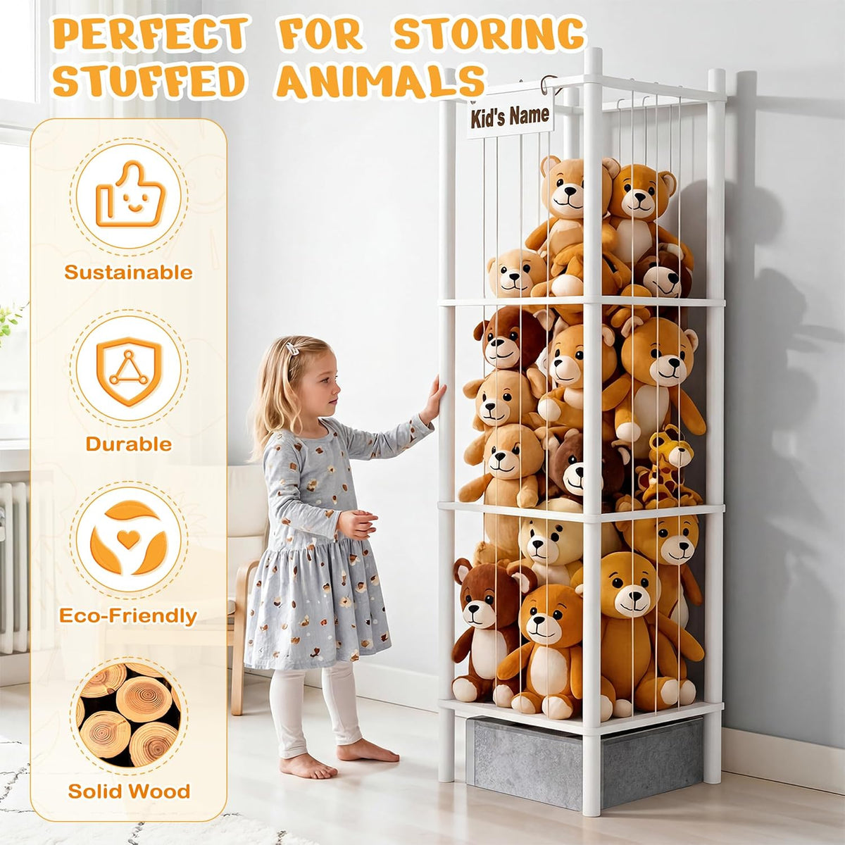 Stuffed Animal Storage with Toys Tray, 57In Large Wooden Stuffy Plushies Storage Holder Extra Large Capacity Stuffed Animals Zoo Organizer for Toddler Rooms, Playrooms & Bedrooms