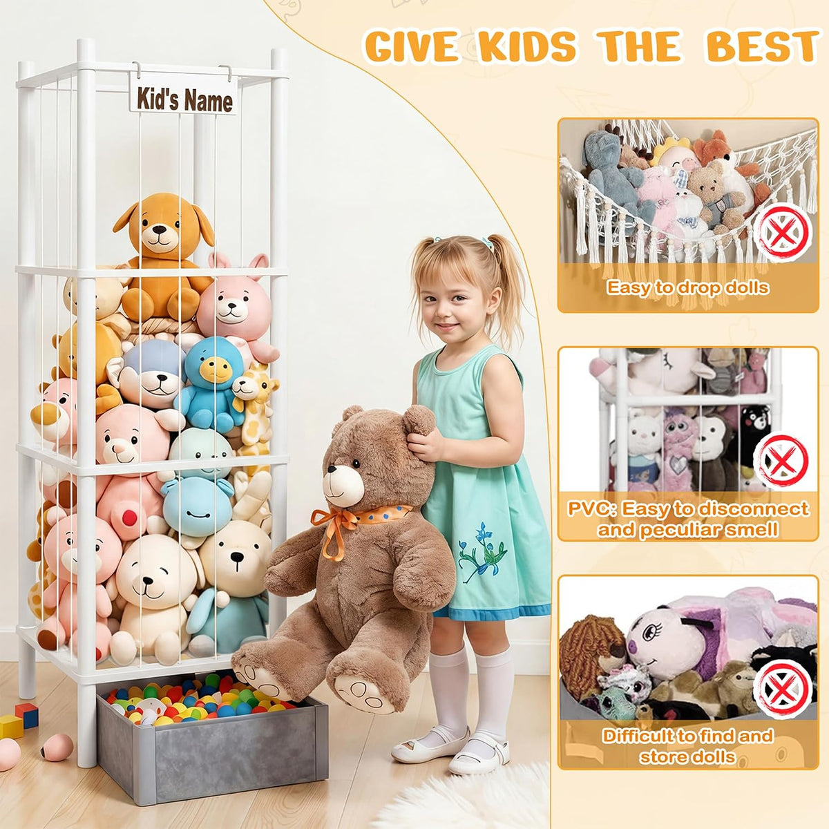 Stuffed Animal Storage with Toys Tray, 57In Large Wooden Stuffy Plushies Storage Holder Extra Large Capacity Stuffed Animals Zoo Organizer for Toddler Rooms, Playrooms & Bedrooms